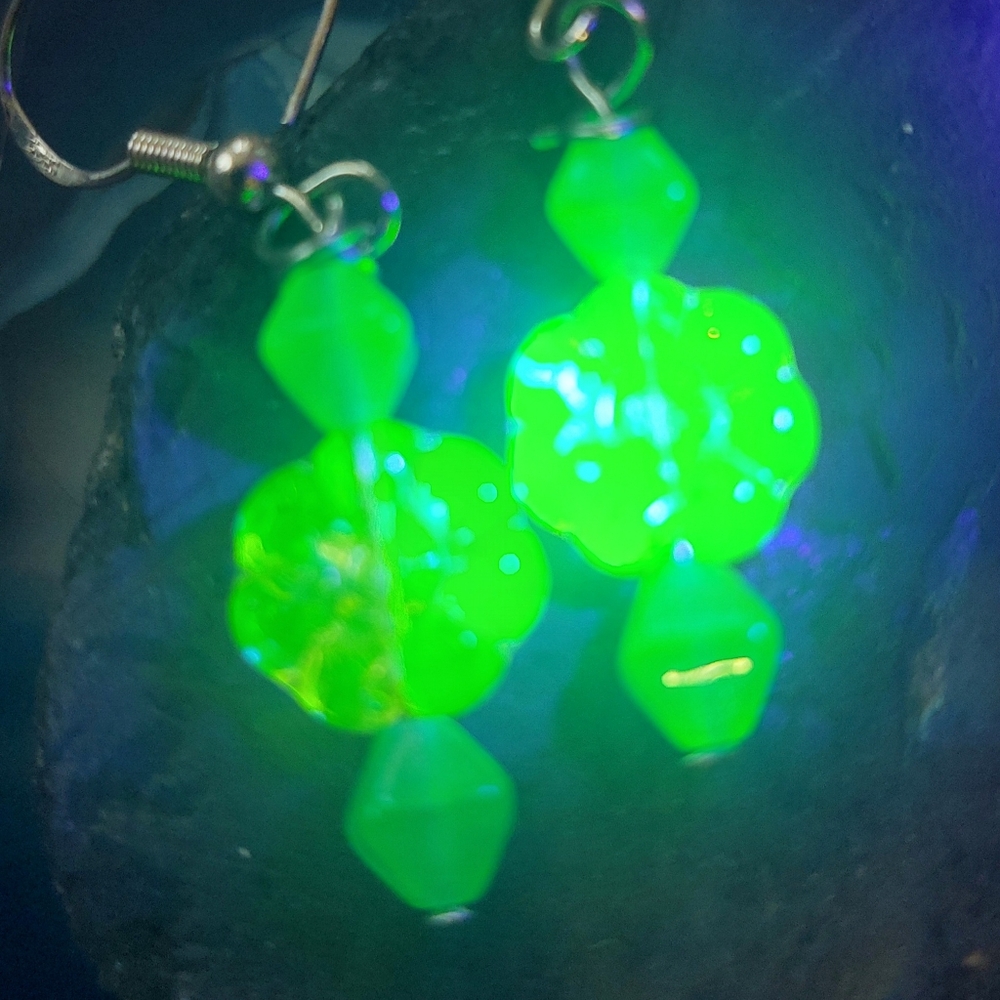 uranium glass orange flow and blue glass accent bead earrings